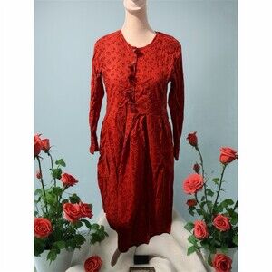 Global Desi Dress Womens Size L Red Floral Button Front Long Sleeve Midi